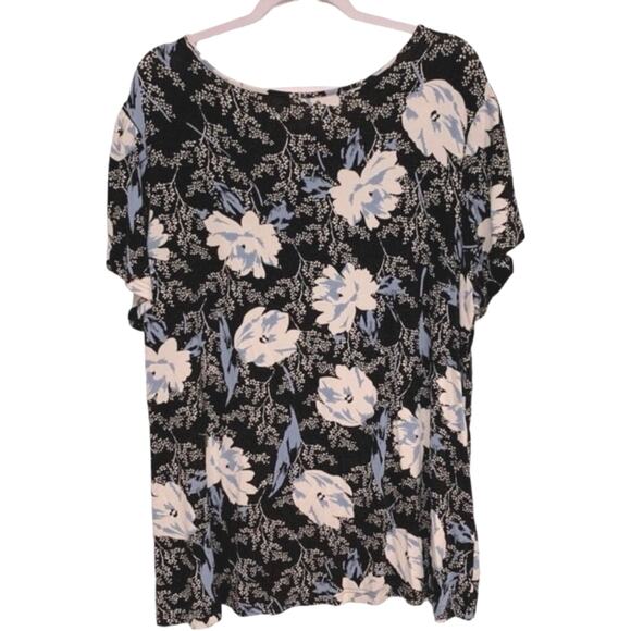 Cathy Floral V-Neck Short Sleeve Top 2X Black Blue Stretchy Lightweight Tee - Picture 3 of 6